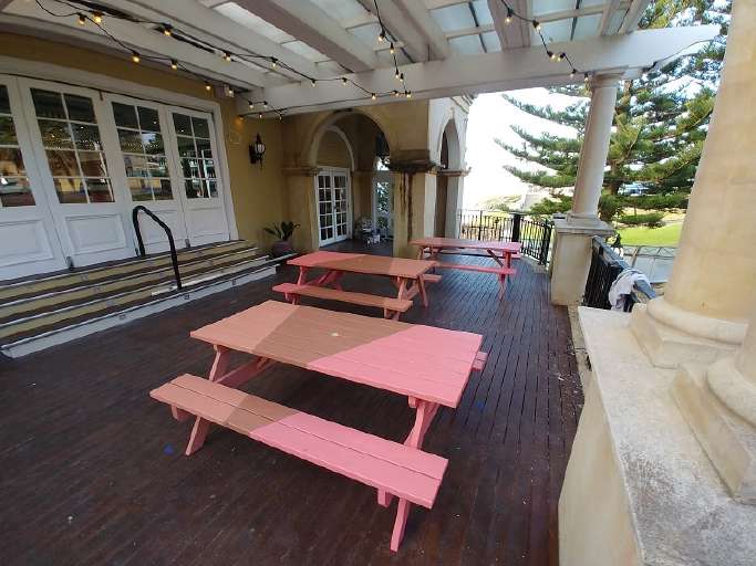 Painted picnic tables at Indiana restaurant, Cottesloe