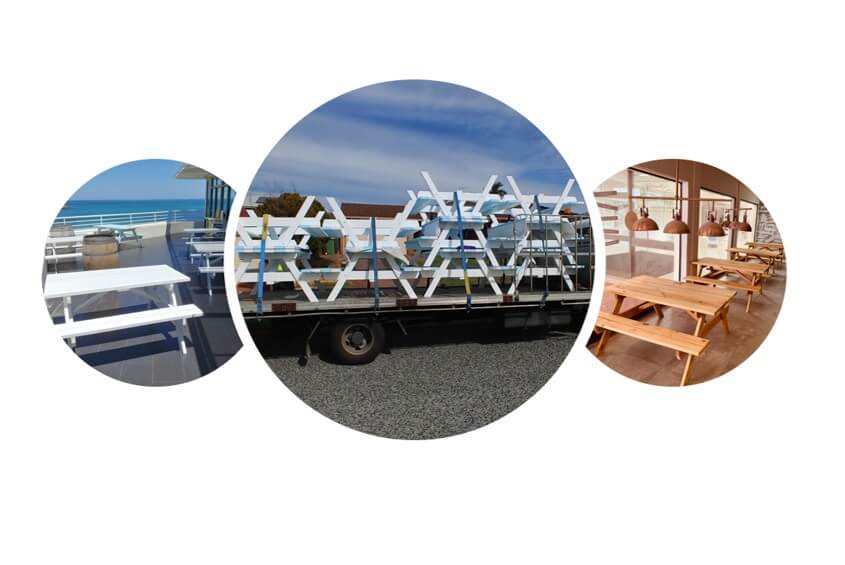 Prime picnic table landing gallery page showing three different images of several picnic tables being displayed. From left to right; Fremantle at Bathers Beach House in Western Australia. A truck freighting picnic tables in Melbourne Southbank and tables at a burger restaurant in Sydney Burwood.