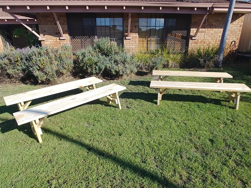 Multiple timber seating benches for gardening and the outdoors for a NSW school